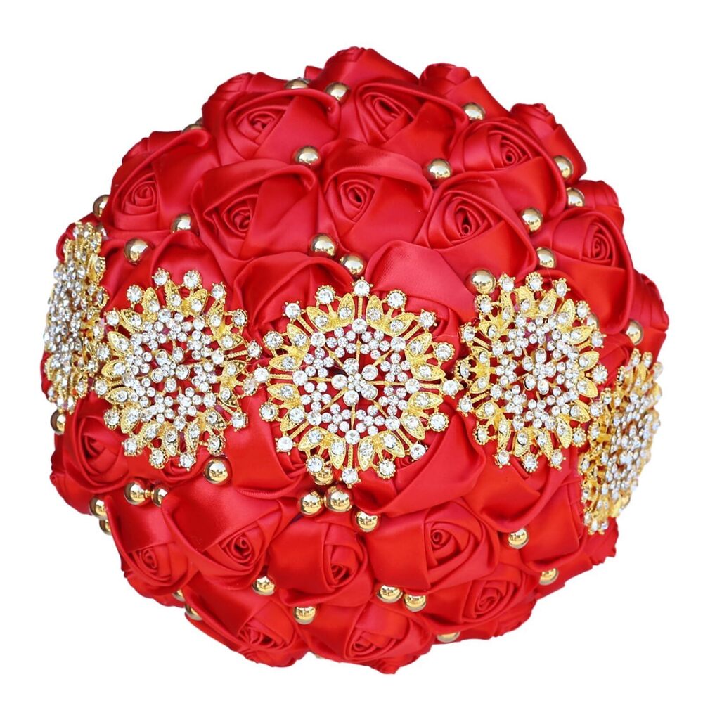 9305 Red Bridal Wedding Bouquet with Luxury Gold Rhinestone Brooch Pearls